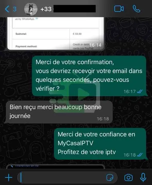 Échange client avec l’assistance Casa iPTV sur WhatsApp, capture 1.