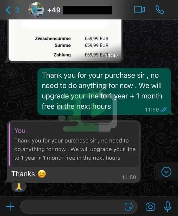 Échange client avec l’assistance Casa iPTV sur WhatsApp, capture 2.