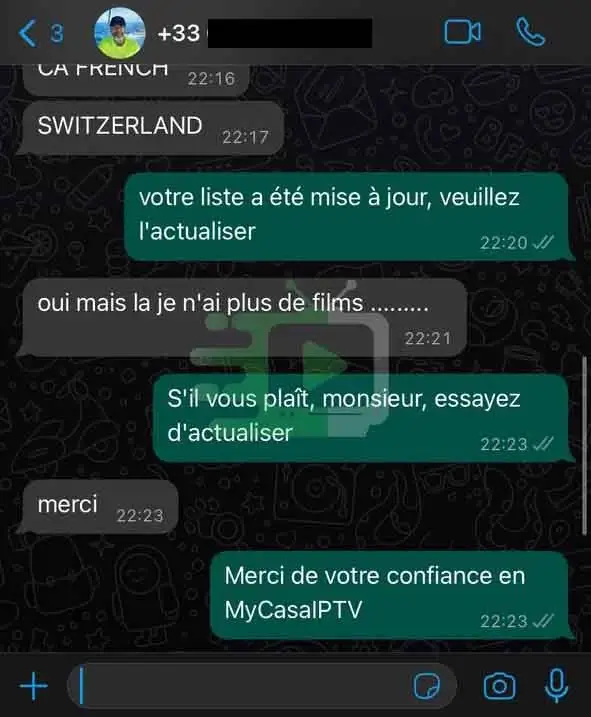 Échange client avec l’assistance Casa iPTV sur WhatsApp, capture 3.
