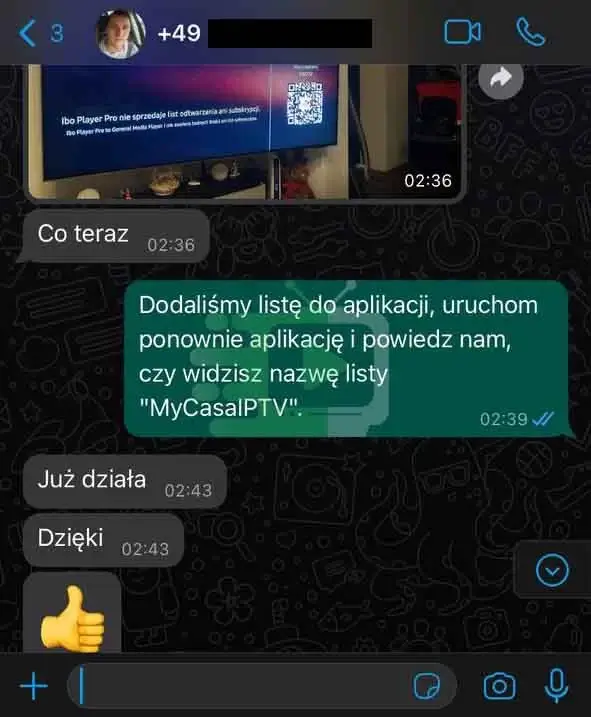 Échange client avec l’assistance Casa iPTV sur WhatsApp, capture 4.